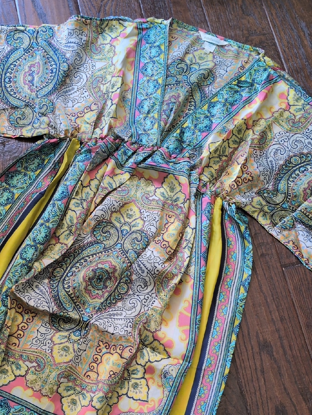 SUNDANCE I NWT Bella Verona Boho Mixed Print Kimono Style Silky Dress, L - Picture 3 of 13